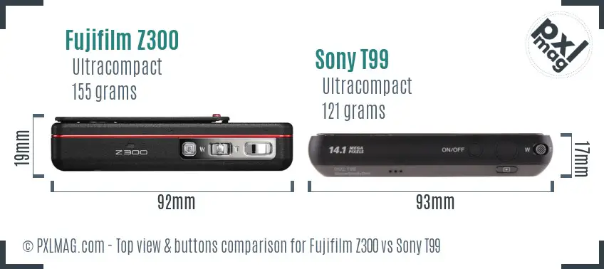 Fujifilm Z300 vs Sony T99 top view buttons comparison