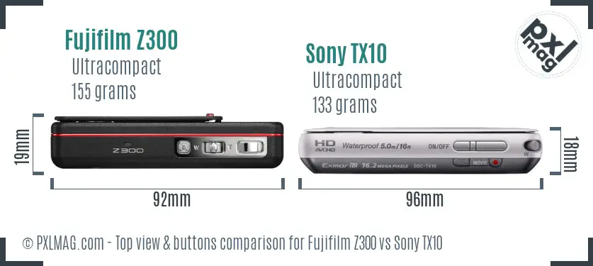 Fujifilm Z300 vs Sony TX10 top view buttons comparison
