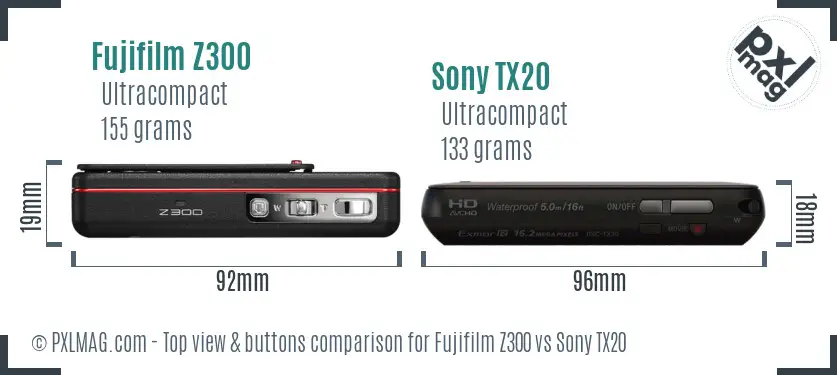 Fujifilm Z300 vs Sony TX20 top view buttons comparison