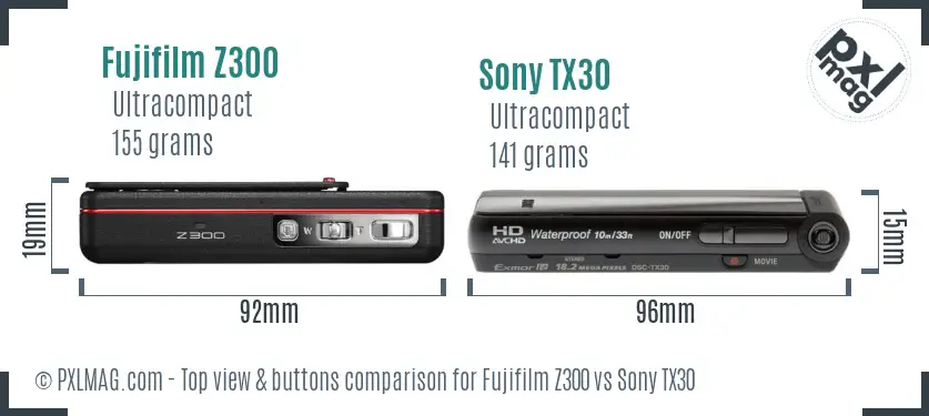 Fujifilm Z300 vs Sony TX30 top view buttons comparison
