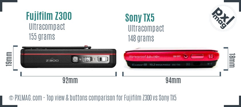 Fujifilm Z300 vs Sony TX5 top view buttons comparison