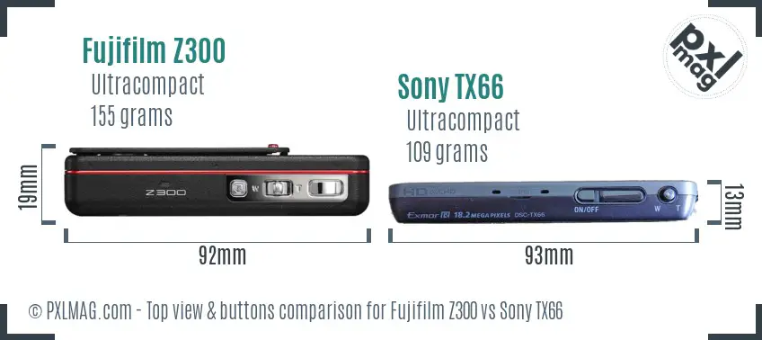 Fujifilm Z300 vs Sony TX66 top view buttons comparison