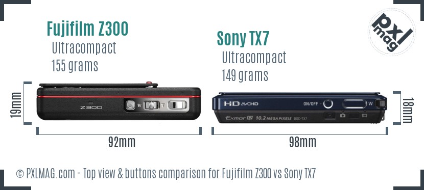 Fujifilm Z300 vs Sony TX7 top view buttons comparison