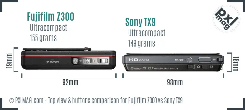 Fujifilm Z300 vs Sony TX9 top view buttons comparison