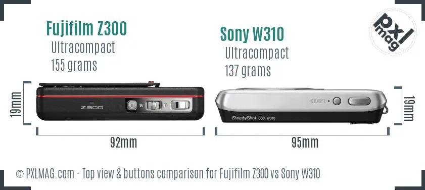 Fujifilm Z300 vs Sony W310 top view buttons comparison