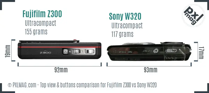 Fujifilm Z300 vs Sony W320 top view buttons comparison