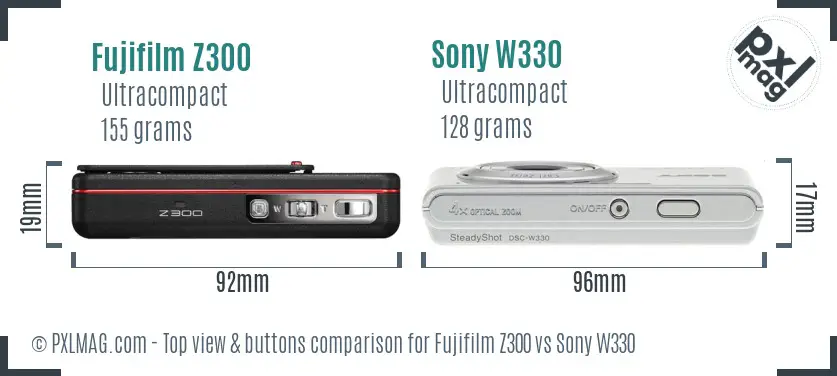 Fujifilm Z300 vs Sony W330 top view buttons comparison