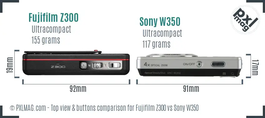 Fujifilm Z300 vs Sony W350 top view buttons comparison