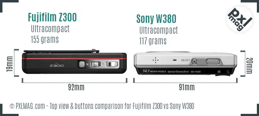 Fujifilm Z300 vs Sony W380 top view buttons comparison