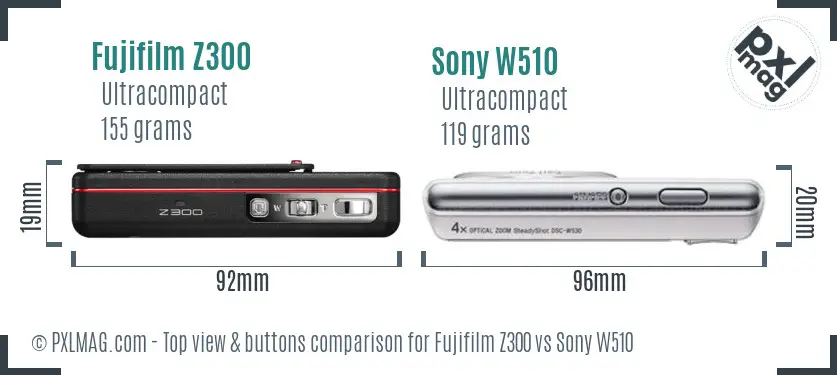Fujifilm Z300 vs Sony W510 top view buttons comparison