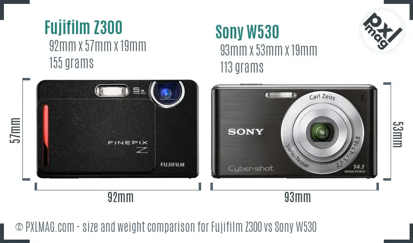 Fujifilm Z300 vs Sony W530 size comparison