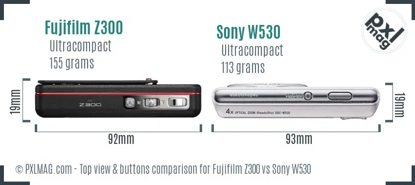 Fujifilm Z300 vs Sony W530 top view buttons comparison