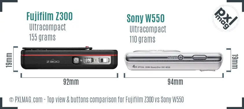 Fujifilm Z300 vs Sony W550 top view buttons comparison Fujifilm Z300 vs Sony W550 top view buttons comparison