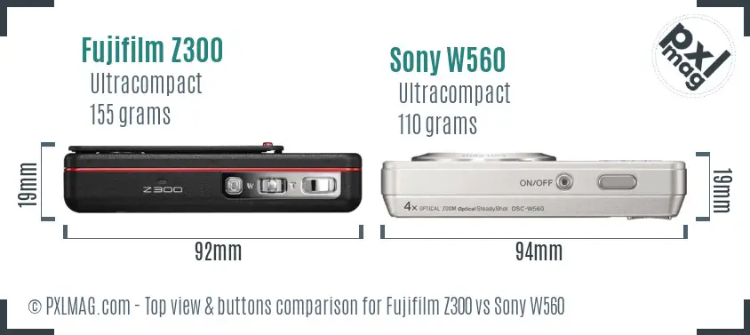 Fujifilm Z300 vs Sony W560 top view buttons comparison