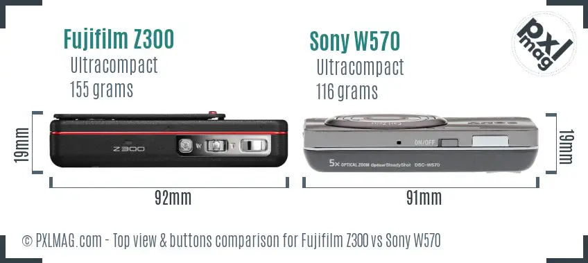 Fujifilm Z300 vs Sony W570 top view buttons comparison