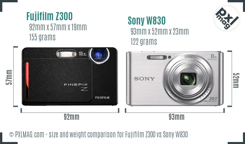 Fujifilm Z300 vs Sony W830 size comparison