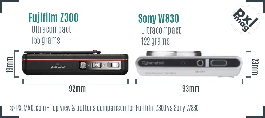 Fujifilm Z300 vs Sony W830 top view buttons comparison
