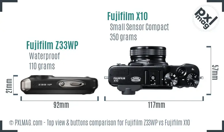 Fujifilm Z33WP vs Fujifilm X10 top view buttons comparison