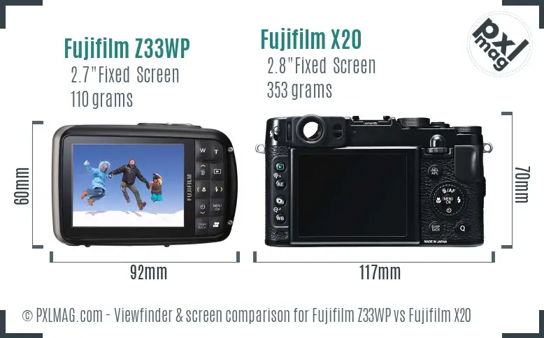 Fujifilm Z33WP vs Fujifilm X20 Screen and Viewfinder comparison