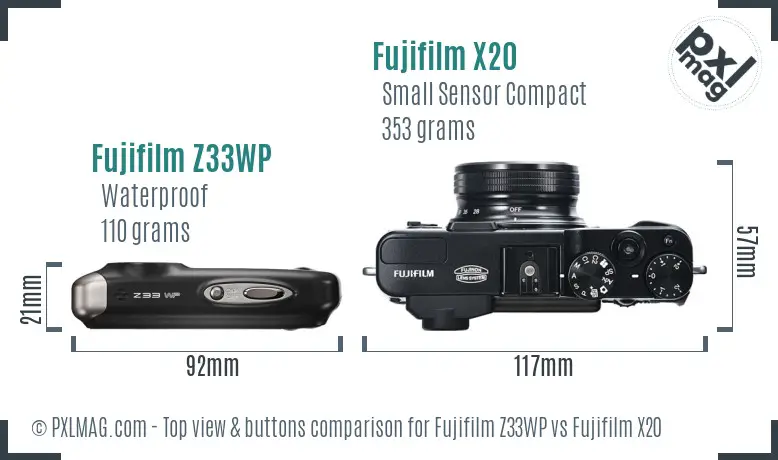 Fujifilm Z33WP vs Fujifilm X20 top view buttons comparison