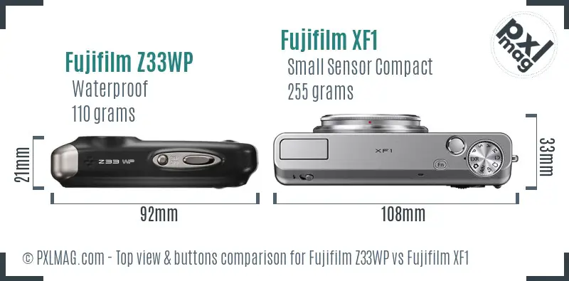 Fujifilm Z33WP vs Fujifilm XF1 top view buttons comparison