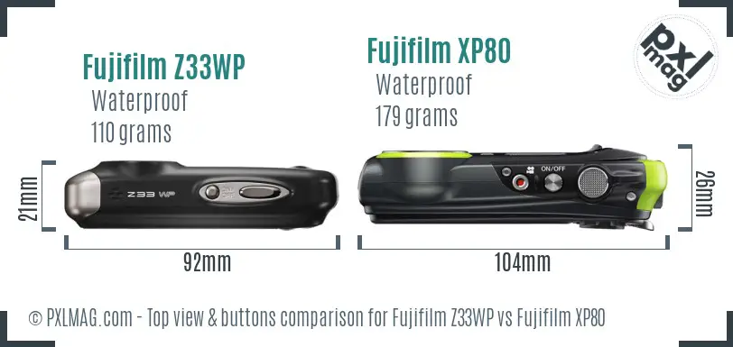 Fujifilm Z33WP vs Fujifilm XP80 top view buttons comparison
