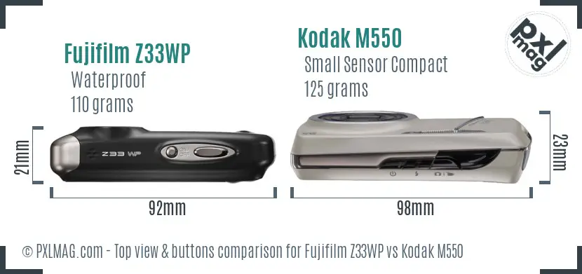 Fujifilm Z33WP vs Kodak M550 top view buttons comparison
