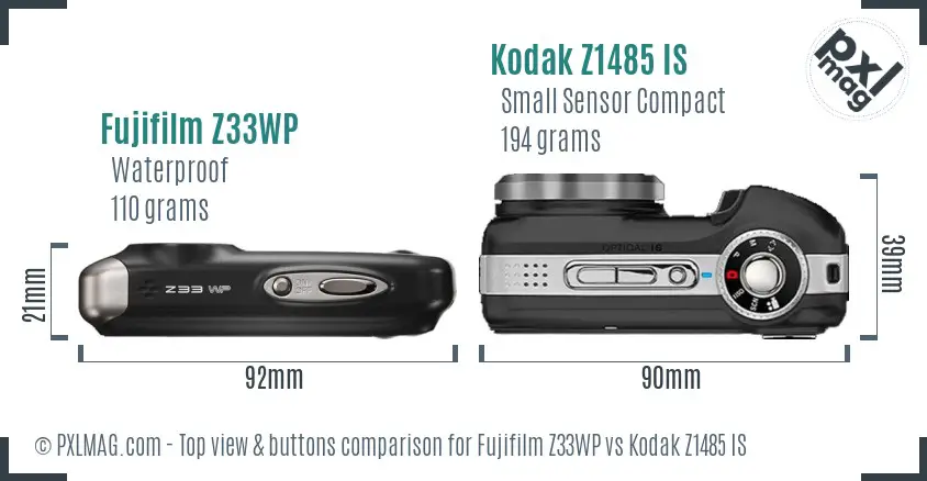 Fujifilm Z33WP vs Kodak Z1485 IS top view buttons comparison