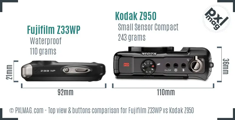 Fujifilm Z33WP vs Kodak Z950 top view buttons comparison