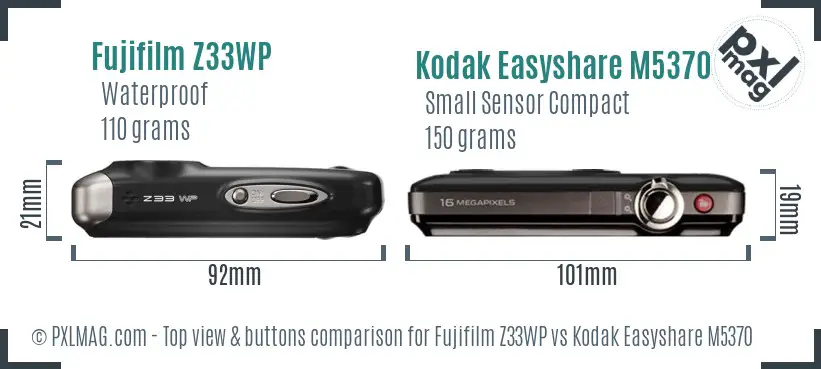 Fujifilm Z33WP vs Kodak Easyshare M5370 top view buttons comparison Fujifilm Z33WP vs Kodak Easyshare M5370 top view buttons comparison