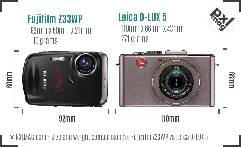 Fujifilm Z33WP vs Leica D-LUX 5 size comparison