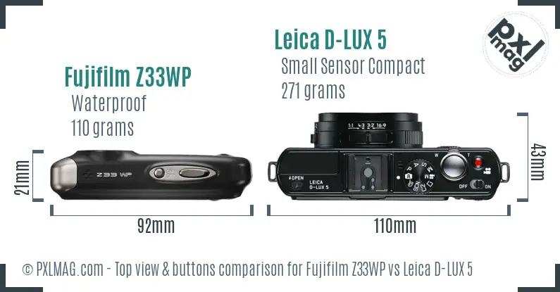 Fujifilm Z33WP vs Leica D-LUX 5 top view buttons comparison