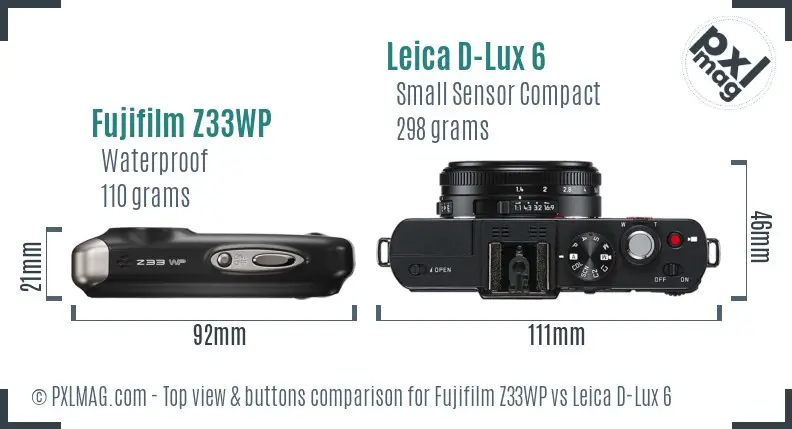 Fujifilm Z33WP vs Leica D-Lux 6 top view buttons comparison Fujifilm Z33WP vs Leica D-Lux 6 top view buttons comparison