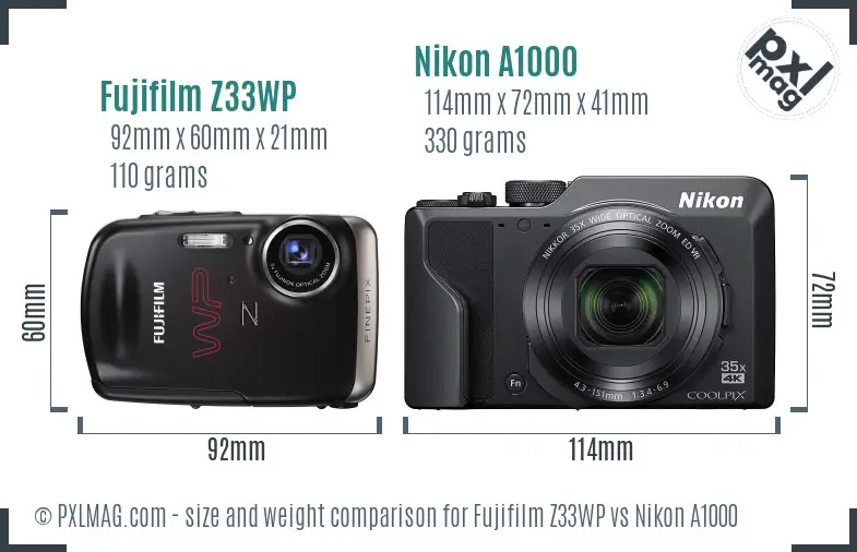 Fujifilm Z33WP vs Nikon A1000 size comparison Fujifilm Z33WP vs Nikon A1000 size comparison