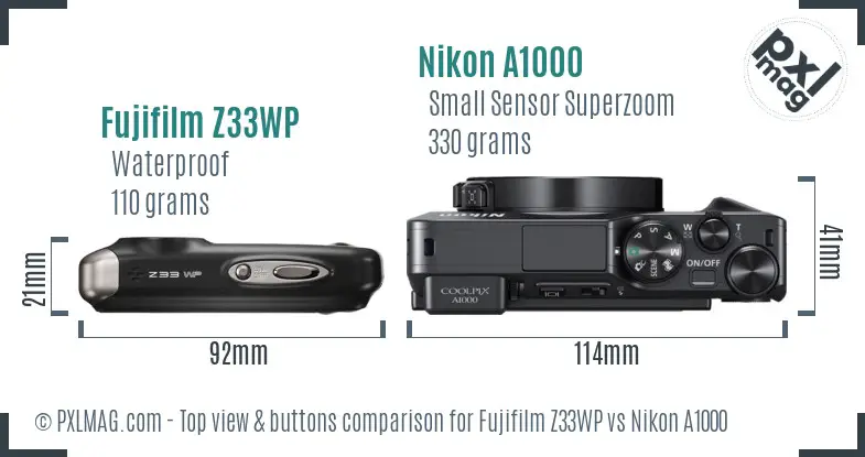 Fujifilm Z33WP vs Nikon A1000 top view buttons comparison Fujifilm Z33WP vs Nikon A1000 top view buttons comparison