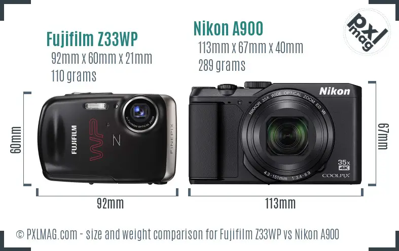 Fujifilm Z33WP vs Nikon A900 size comparison