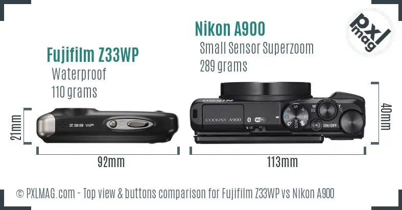 Fujifilm Z33WP vs Nikon A900 top view buttons comparison