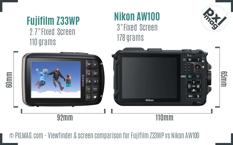 Fujifilm Z33WP vs Nikon AW100 Screen and Viewfinder comparison