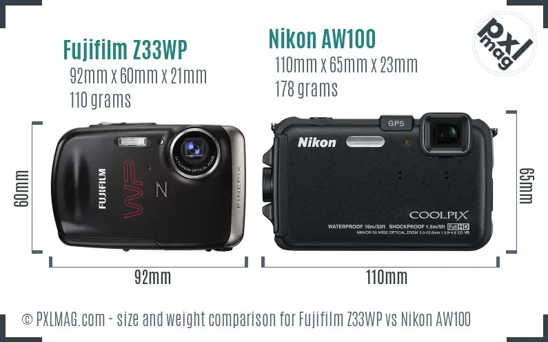 Fujifilm Z33WP vs Nikon AW100 size comparison