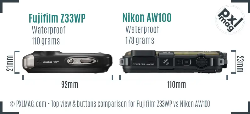 Fujifilm Z33WP vs Nikon AW100 top view buttons comparison