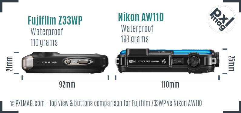 Fujifilm Z33WP vs Nikon AW110 top view buttons comparison