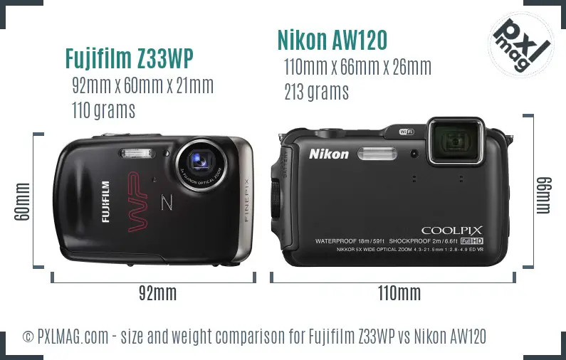 Fujifilm Z33WP vs Nikon AW120 size comparison