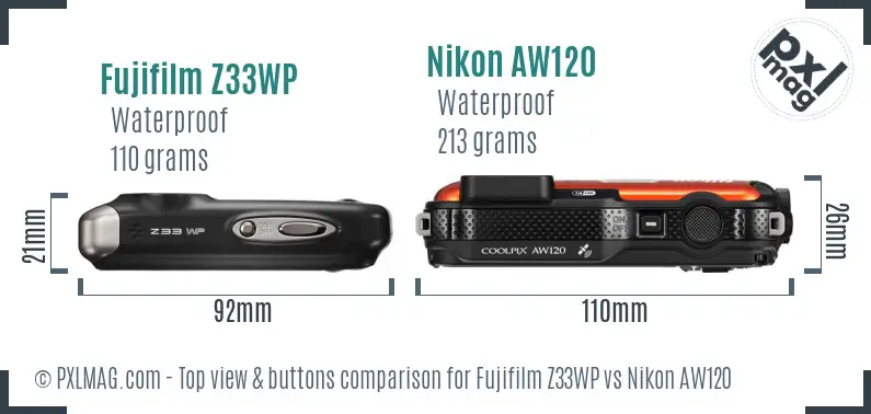 Fujifilm Z33WP vs Nikon AW120 top view buttons comparison
