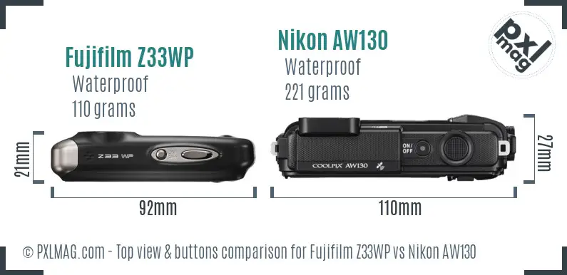 Fujifilm Z33WP vs Nikon AW130 top view buttons comparison