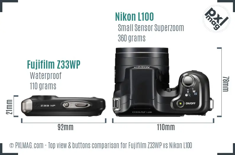 Fujifilm Z33WP vs Nikon L100 top view buttons comparison