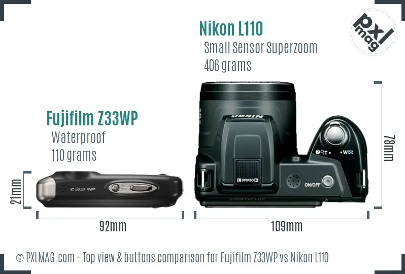 Fujifilm Z33WP vs Nikon L110 top view buttons comparison