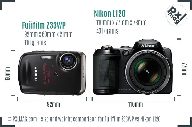 Fujifilm Z33WP vs Nikon L120 size comparison