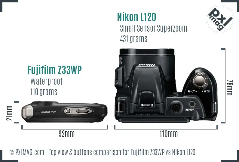 Fujifilm Z33WP vs Nikon L120 top view buttons comparison