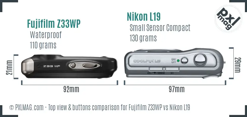 Fujifilm Z33WP vs Nikon L19 top view buttons comparison