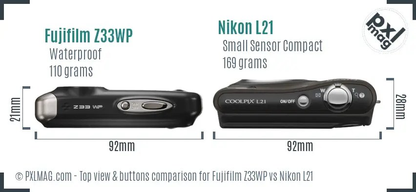 Fujifilm Z33WP vs Nikon L21 top view buttons comparison